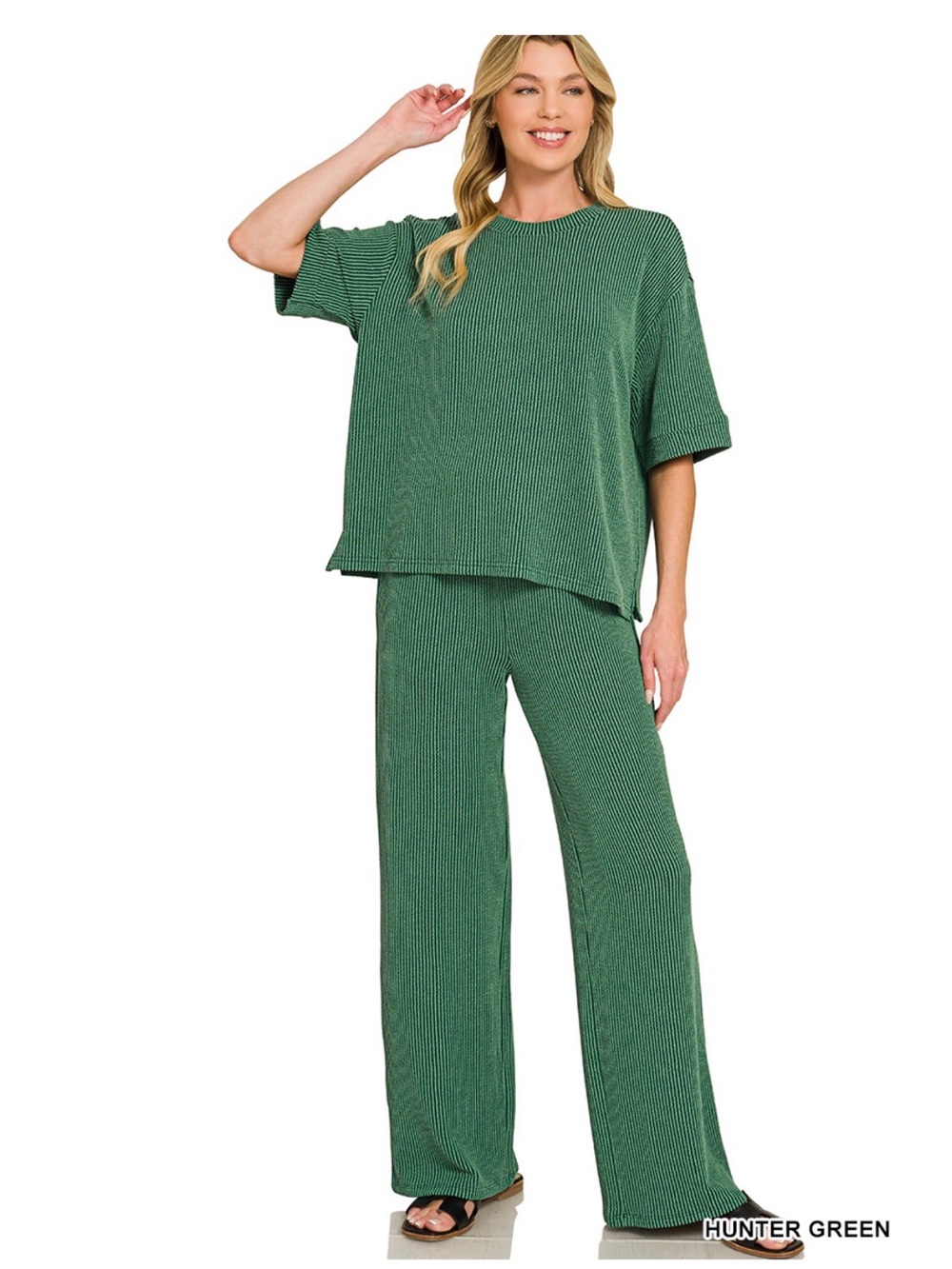 ZENANA RAISED RIB SHORT SLEEVE TEE & PANTS SET RTLRPL-8608Y